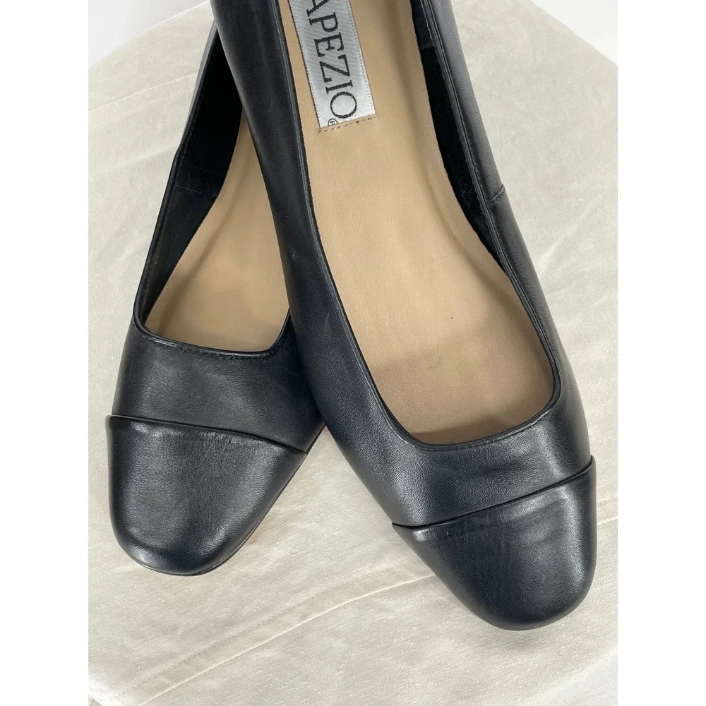 Capezio Womens Shoes 11M Pump Black Leather Cap Toe Low Block Heel